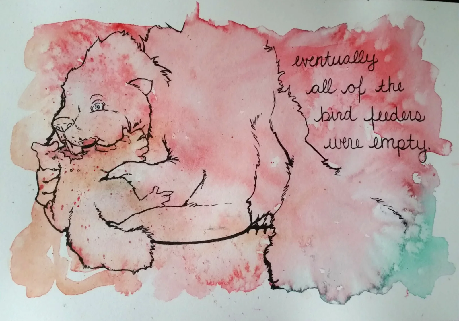Whimsical watercolor of fat contented squirrel with text eventually all of the bird feeders were empty